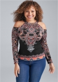Venus Plus Size Paisley Cold-Shoulder Top