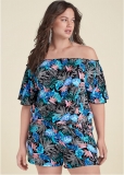 Venus Plus Size Printed Off-Shoulder Romper in Blue Multi