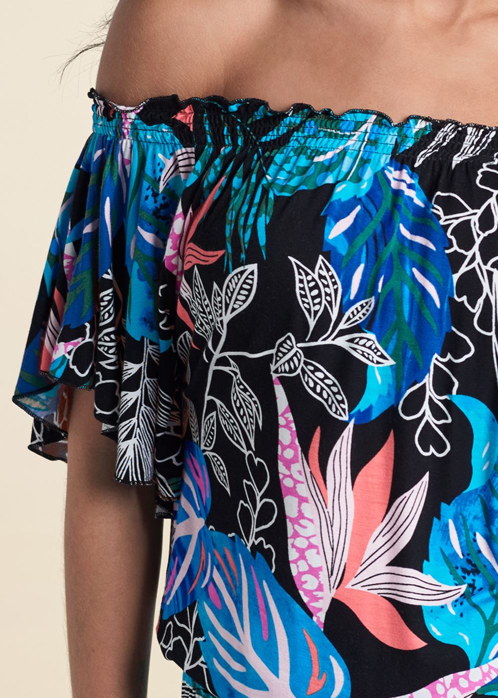 Venus Printed Off-Shoulder Romper in Blue Multi