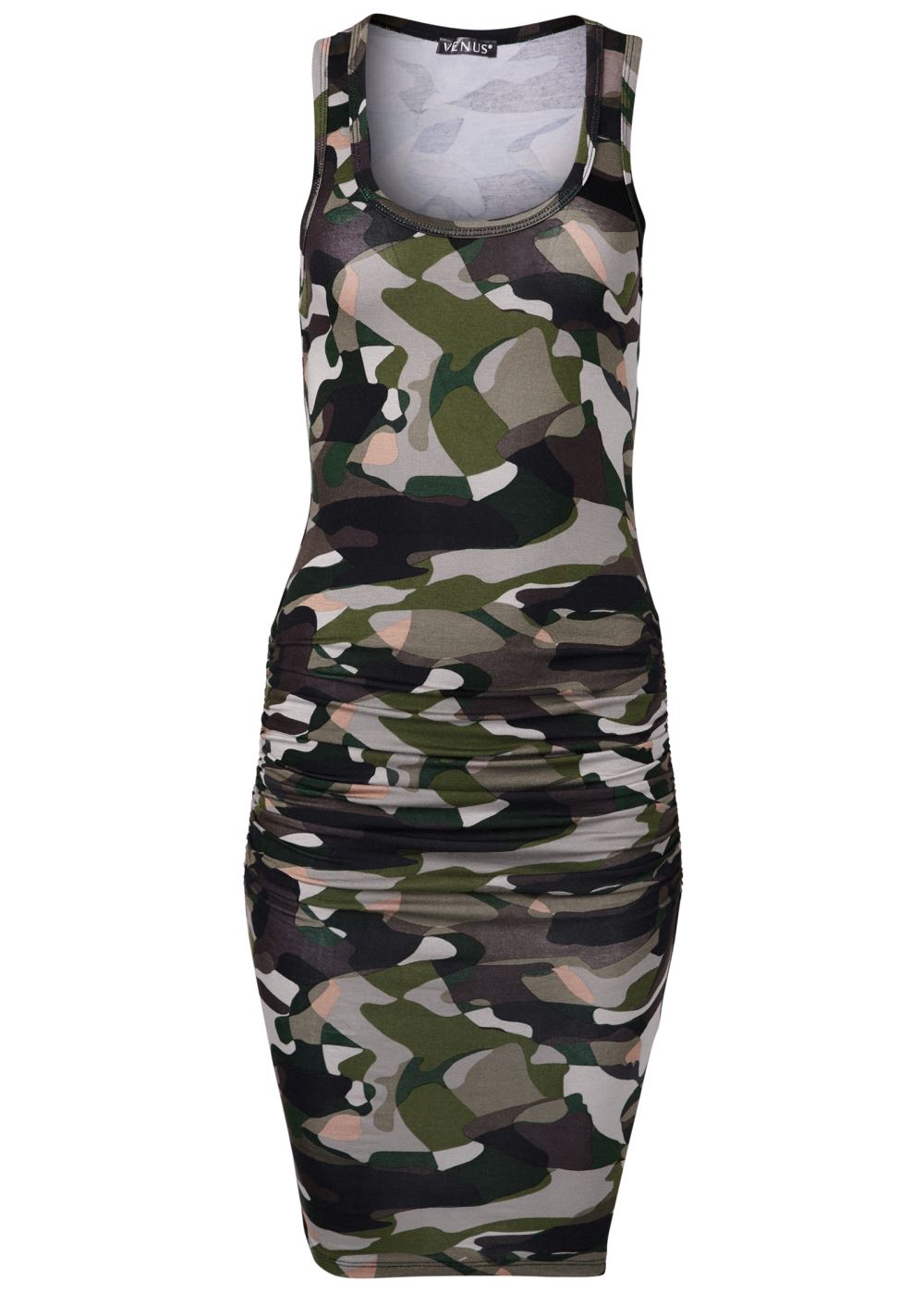 Venus Sleeveless Ruched Bodycon Midi Dress - Olive Multi