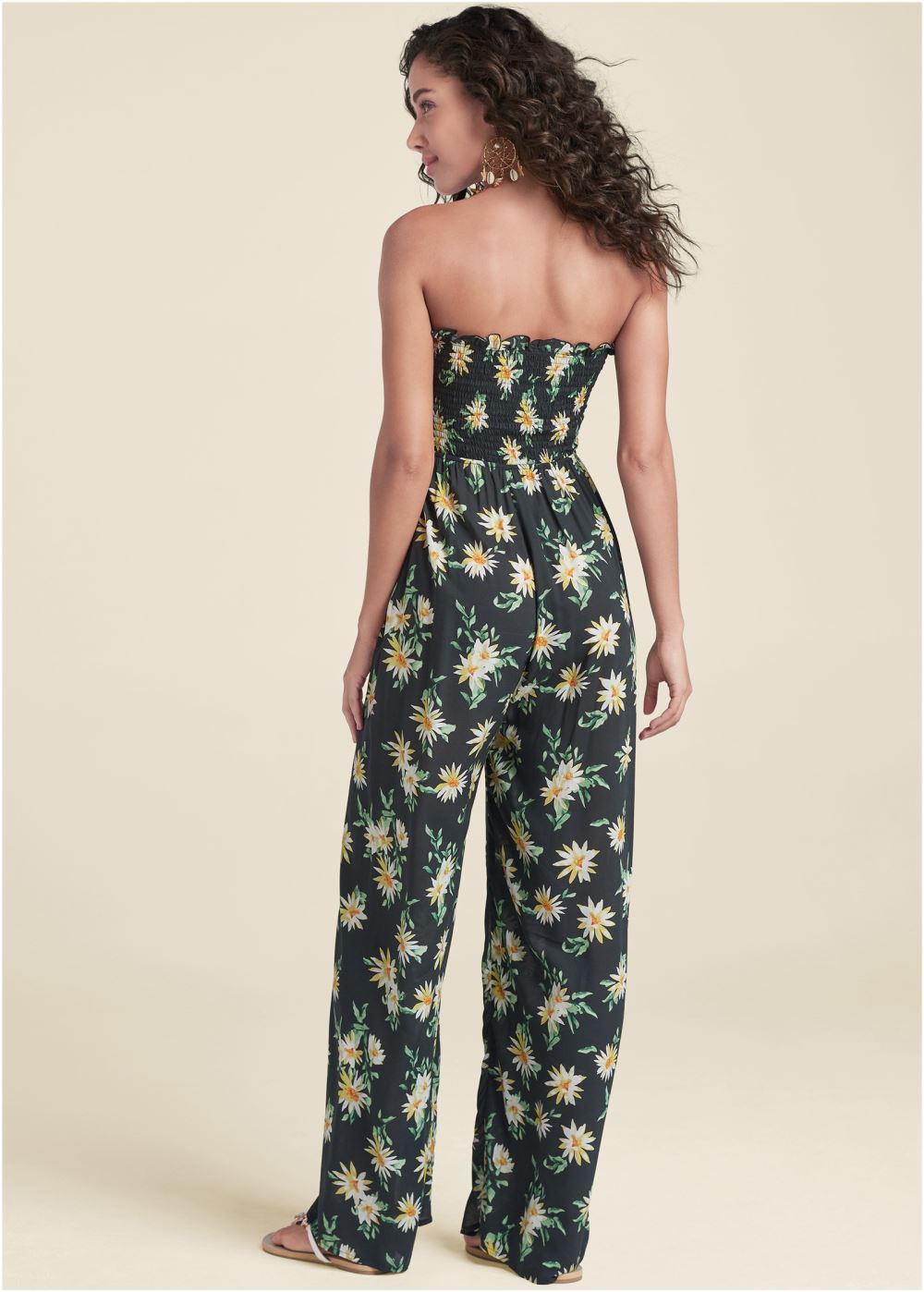 Venus Floral Strapless Jumpsuit in Black & Yellow