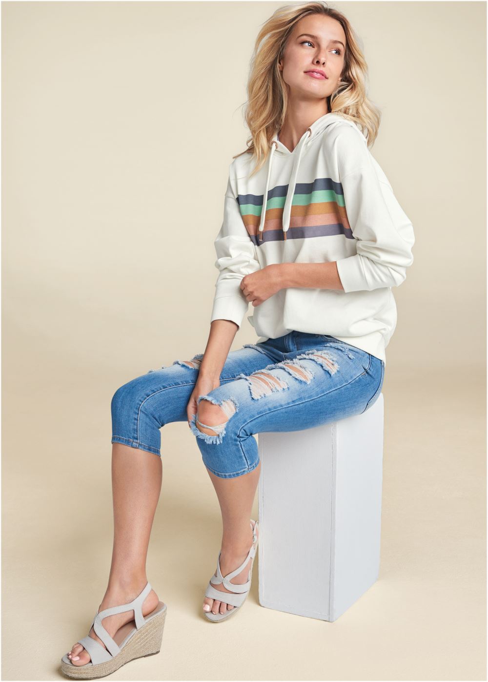 Venus Striped Detail Sweatshirt in White Multi