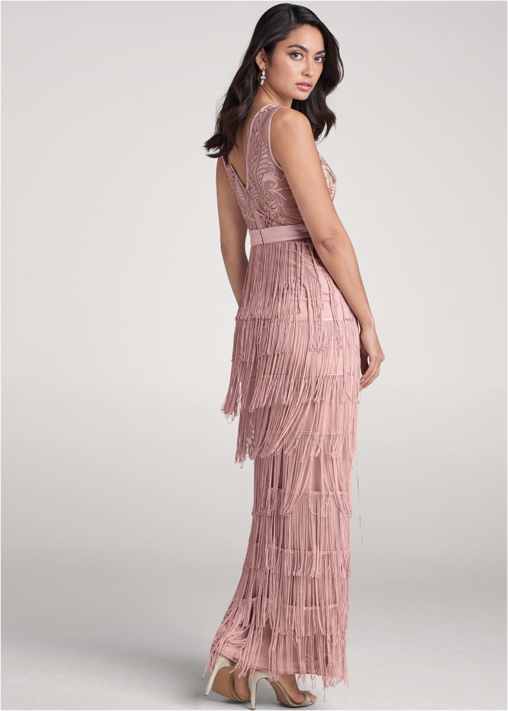 Venus Embroidered Fringe Long Dress - Tan
