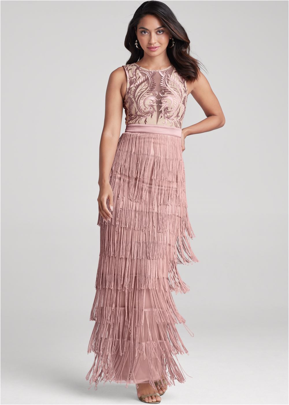 Venus Embroidered Fringe Long Dress - Tan
