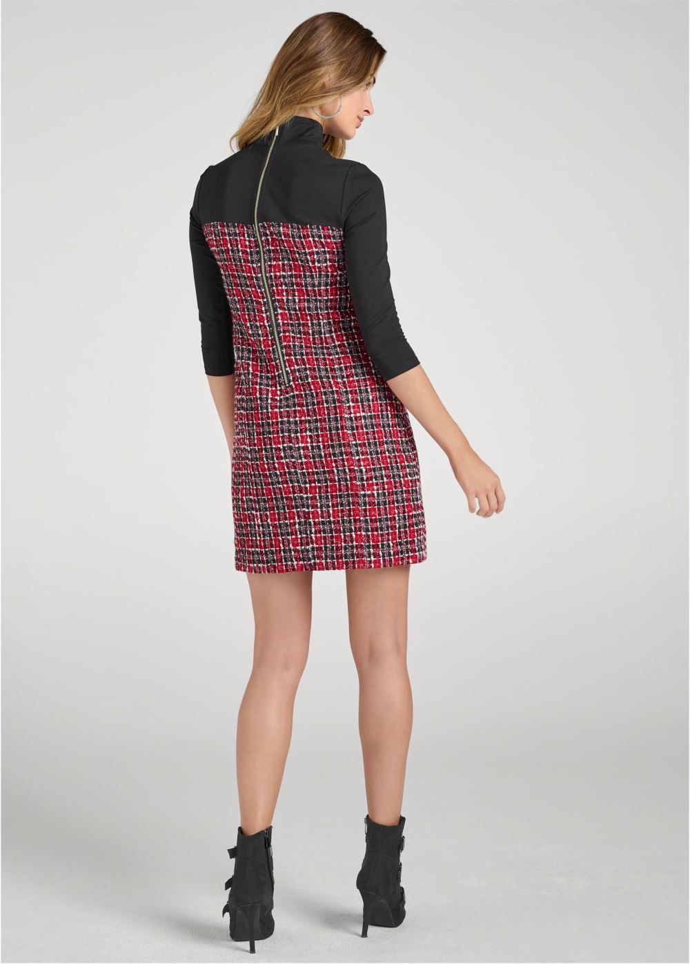 Venus Mock-Neck Plaid Tweed Dress - Red & Black