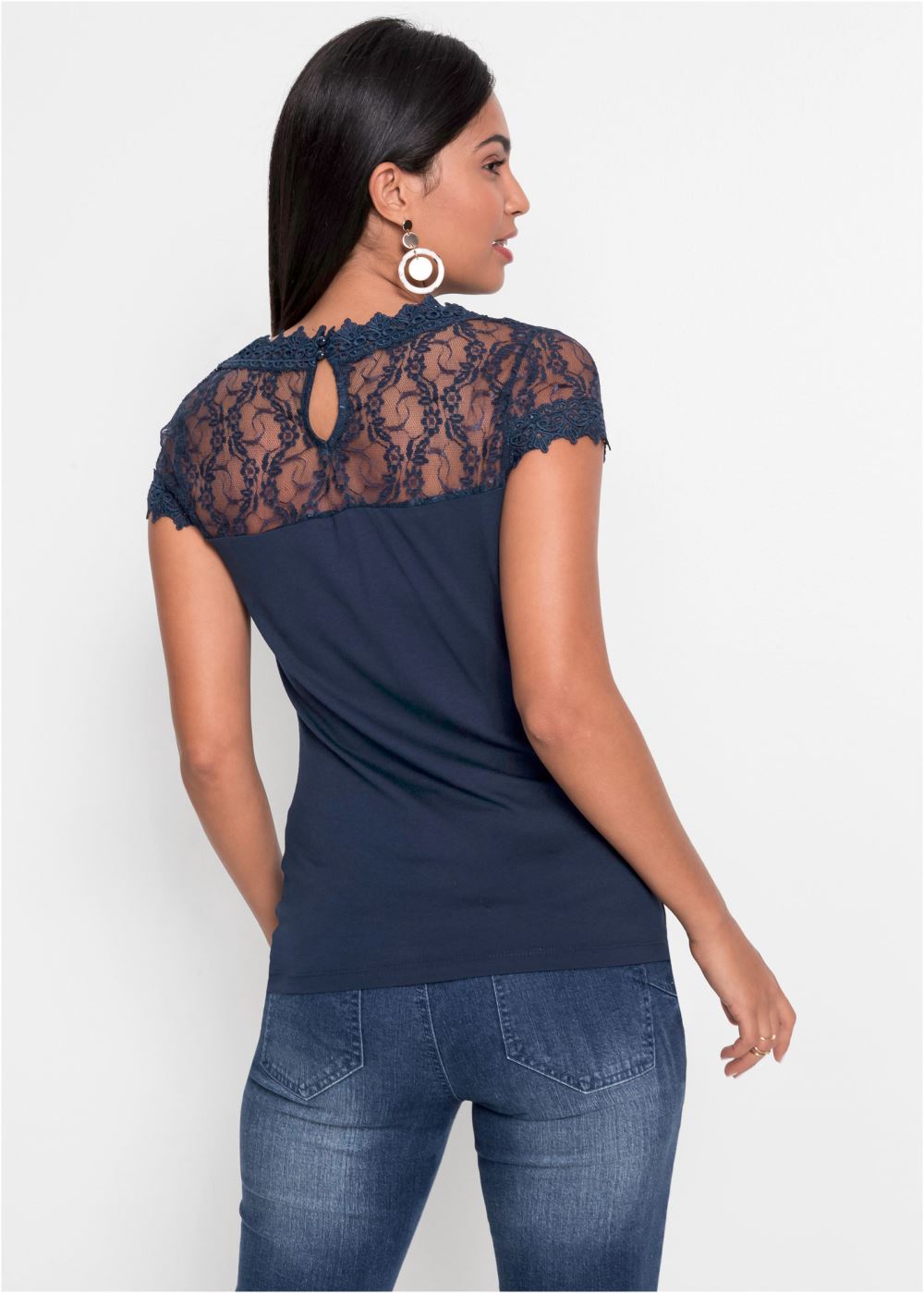 Venus Lace Detail Tee in Navy