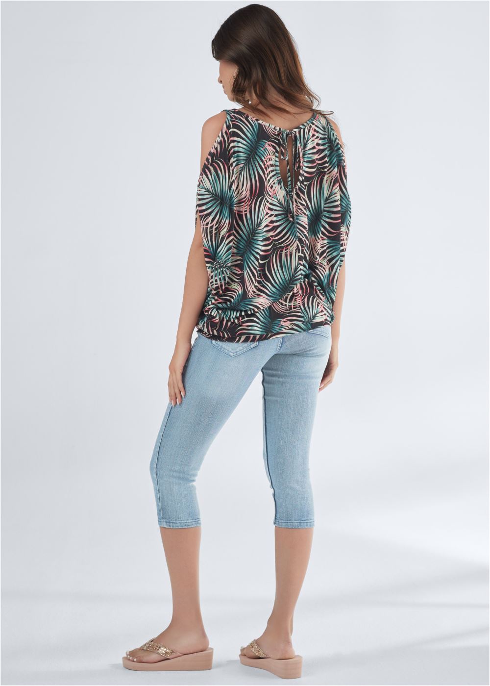 Venus Casual Cold-Shoulder Top in Black Multi