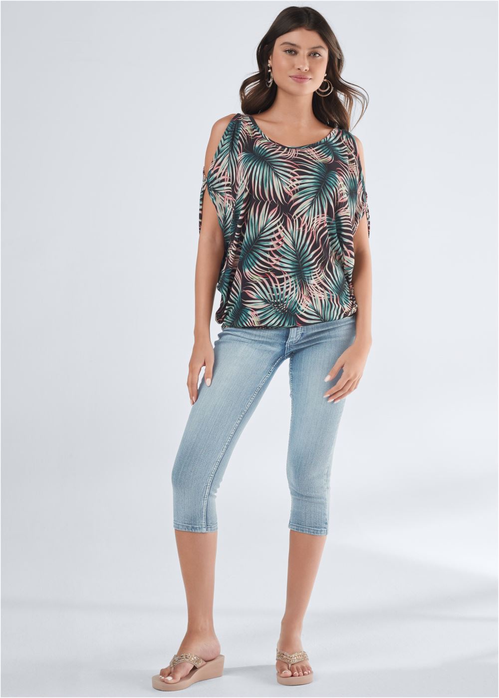 Venus Casual Cold-Shoulder Top in Black Multi