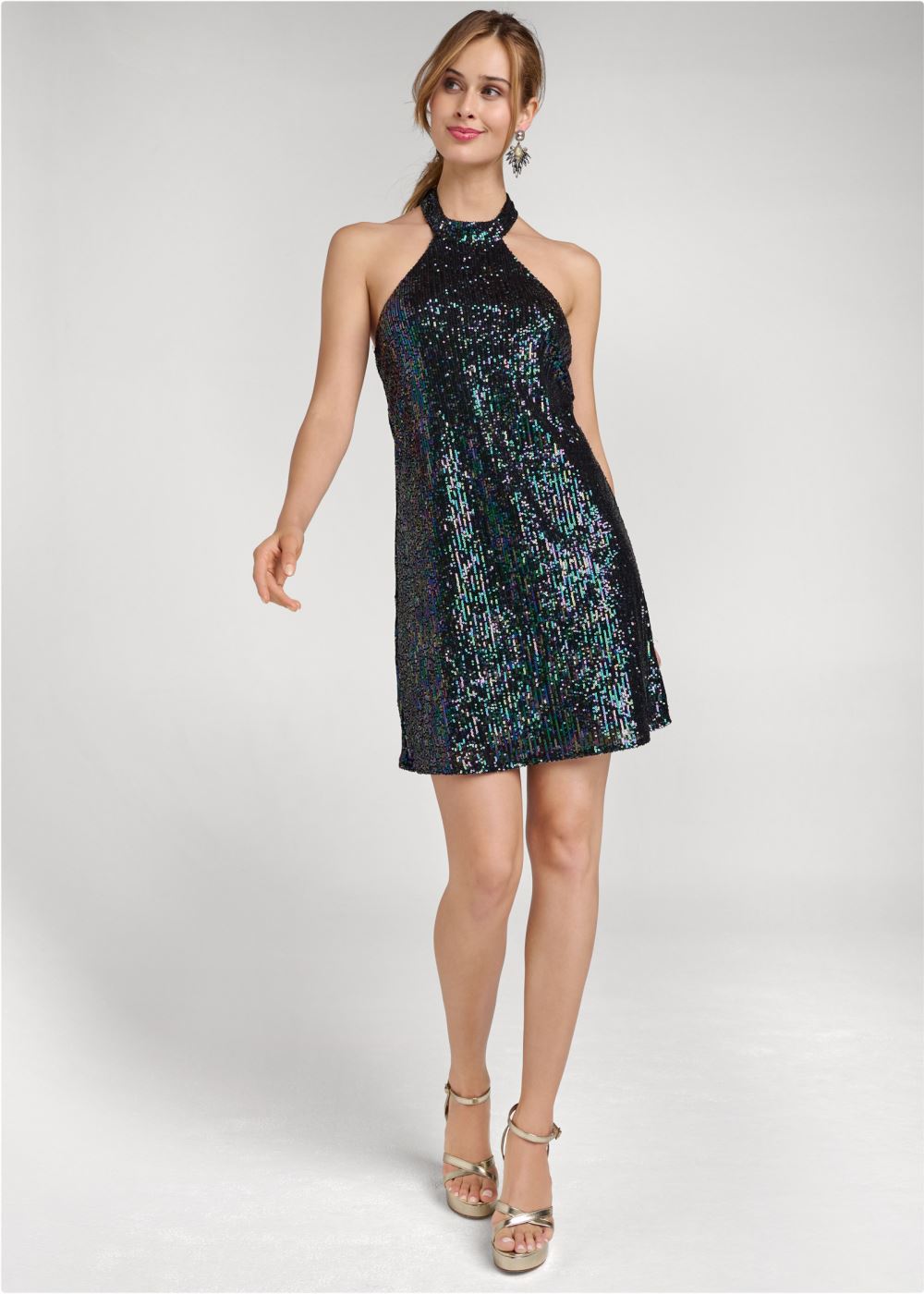 Venus Sequin Halter Dress - Black Multi