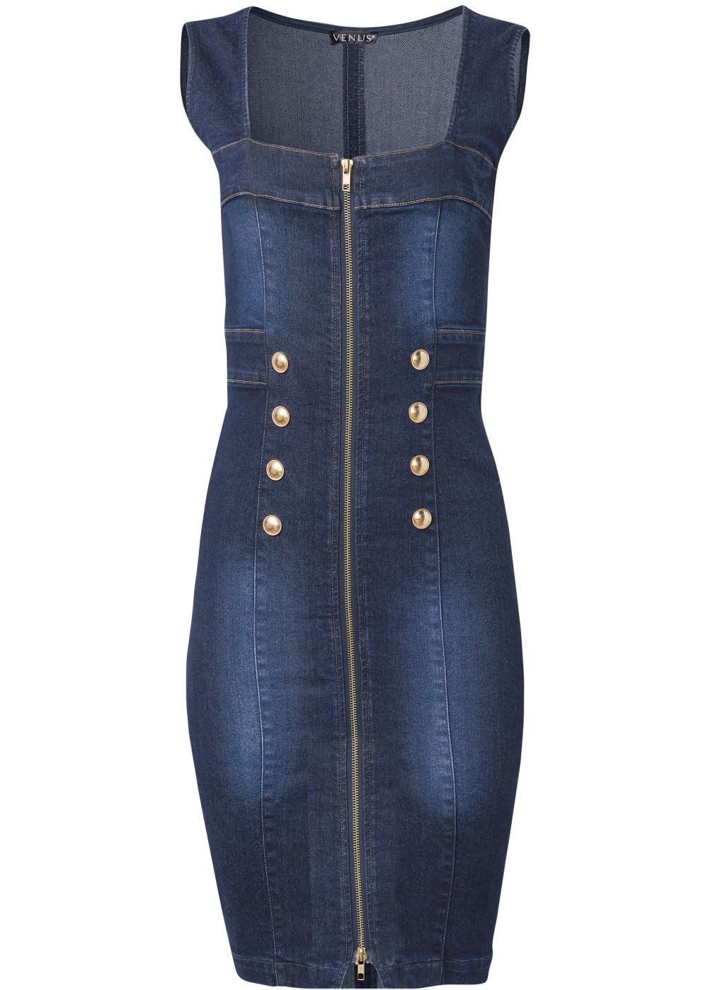 Venus Zip-Front Denim Dress - Dark Wash