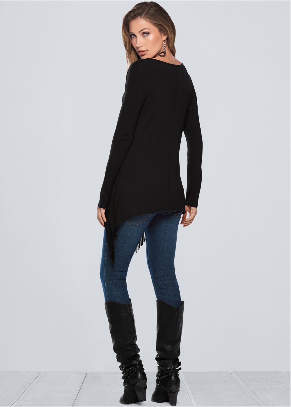 Venus Fringe Detail Tunic Top in Black