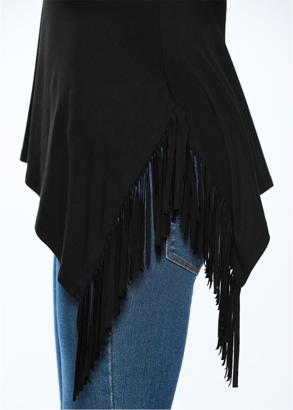 Venus Fringe Detail Tunic Top in Black