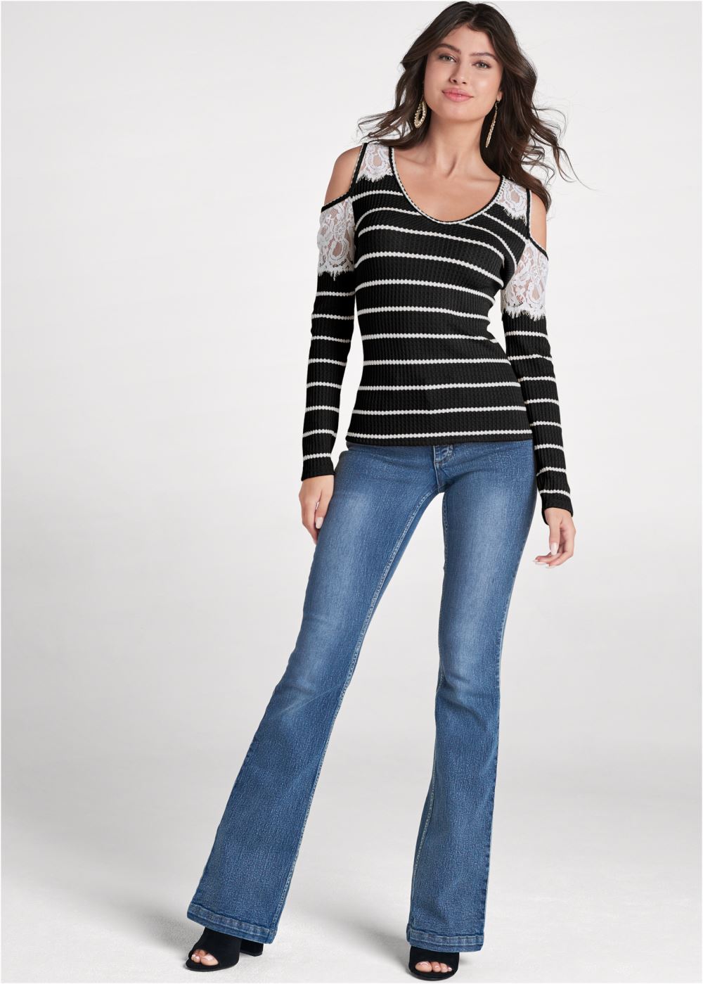 Venus Waffle Knit Lace Top in Black & White