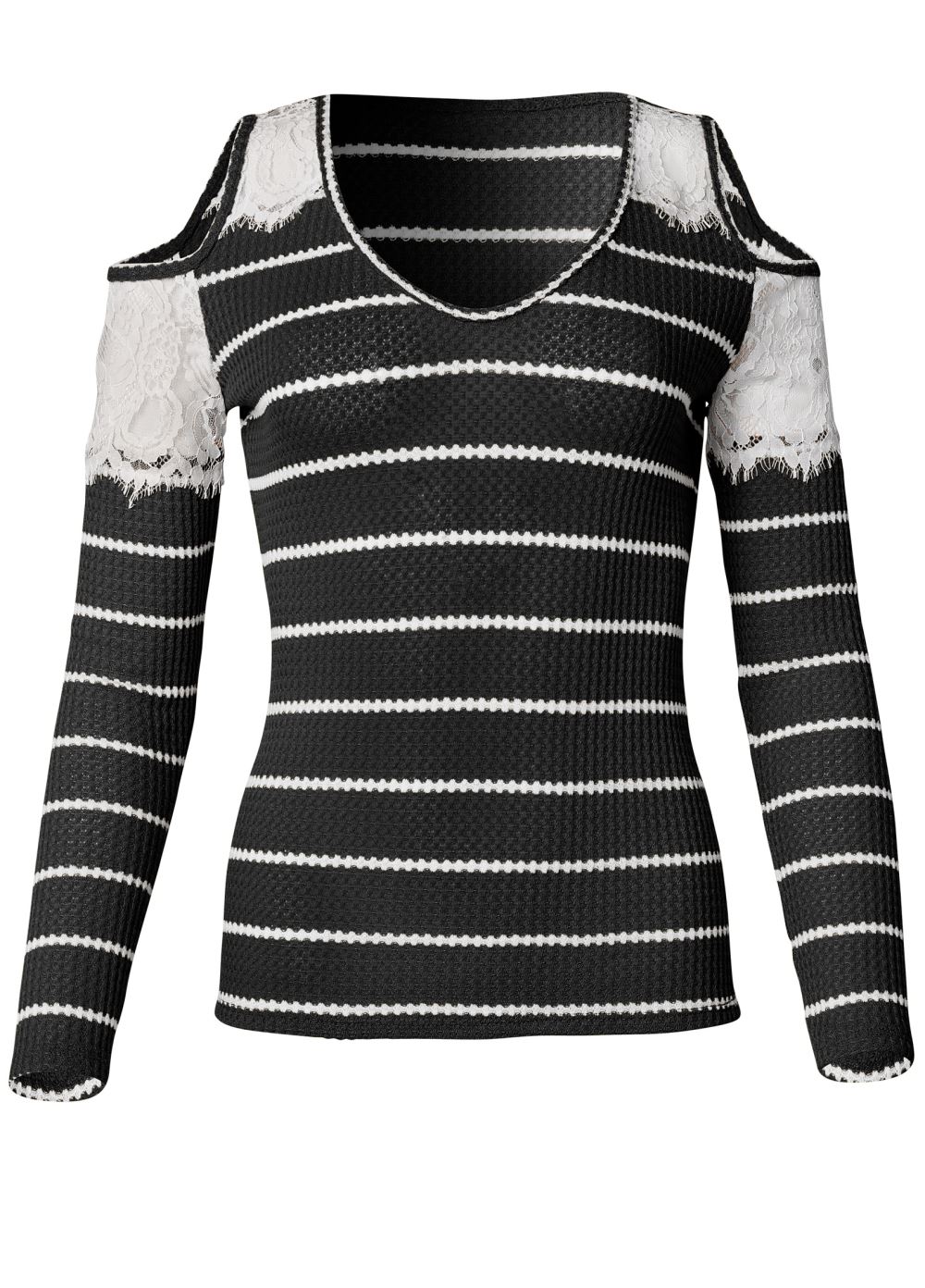 Venus Waffle Knit Lace Top in Black & White