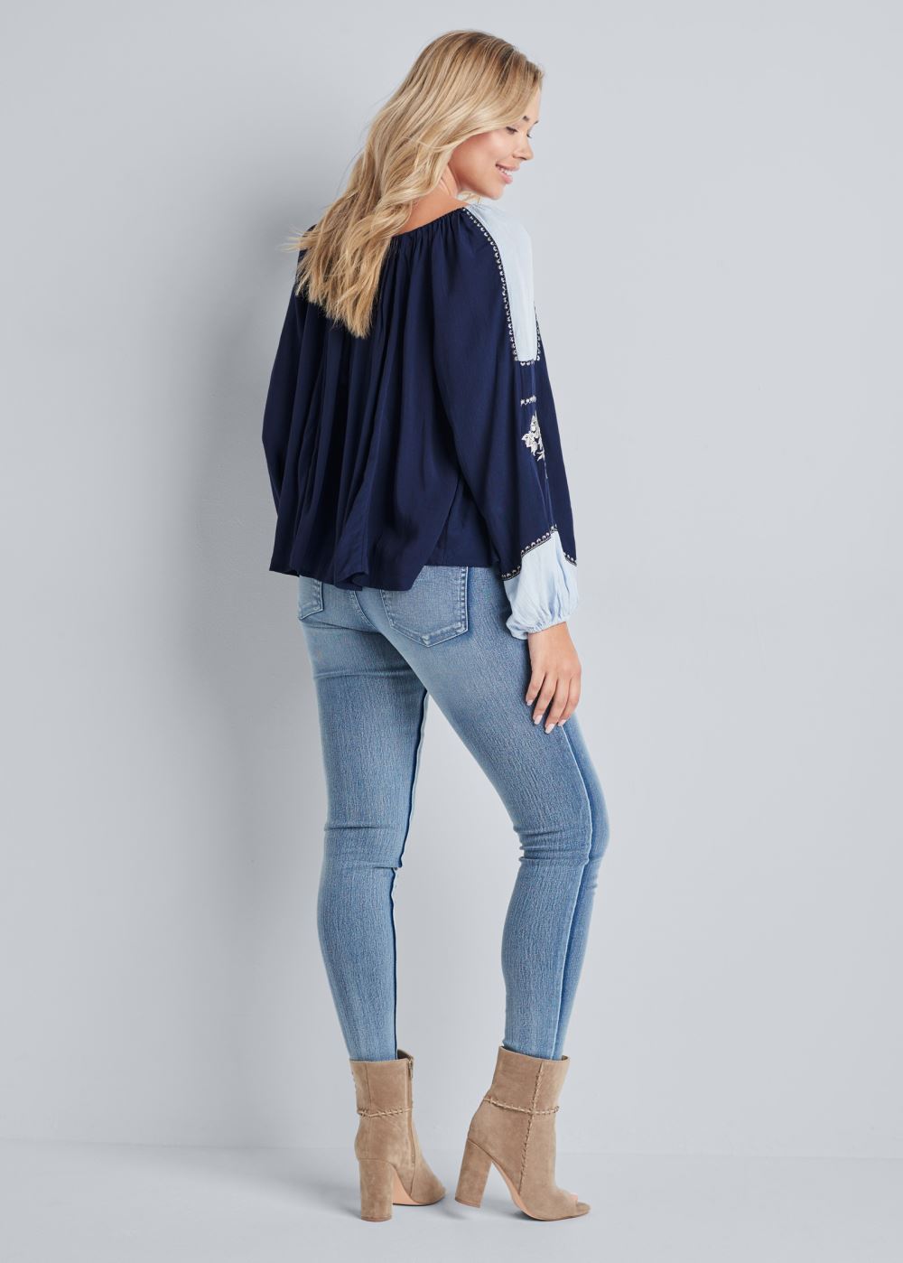 Venus Embroidered Peasant Top in Navy Multi