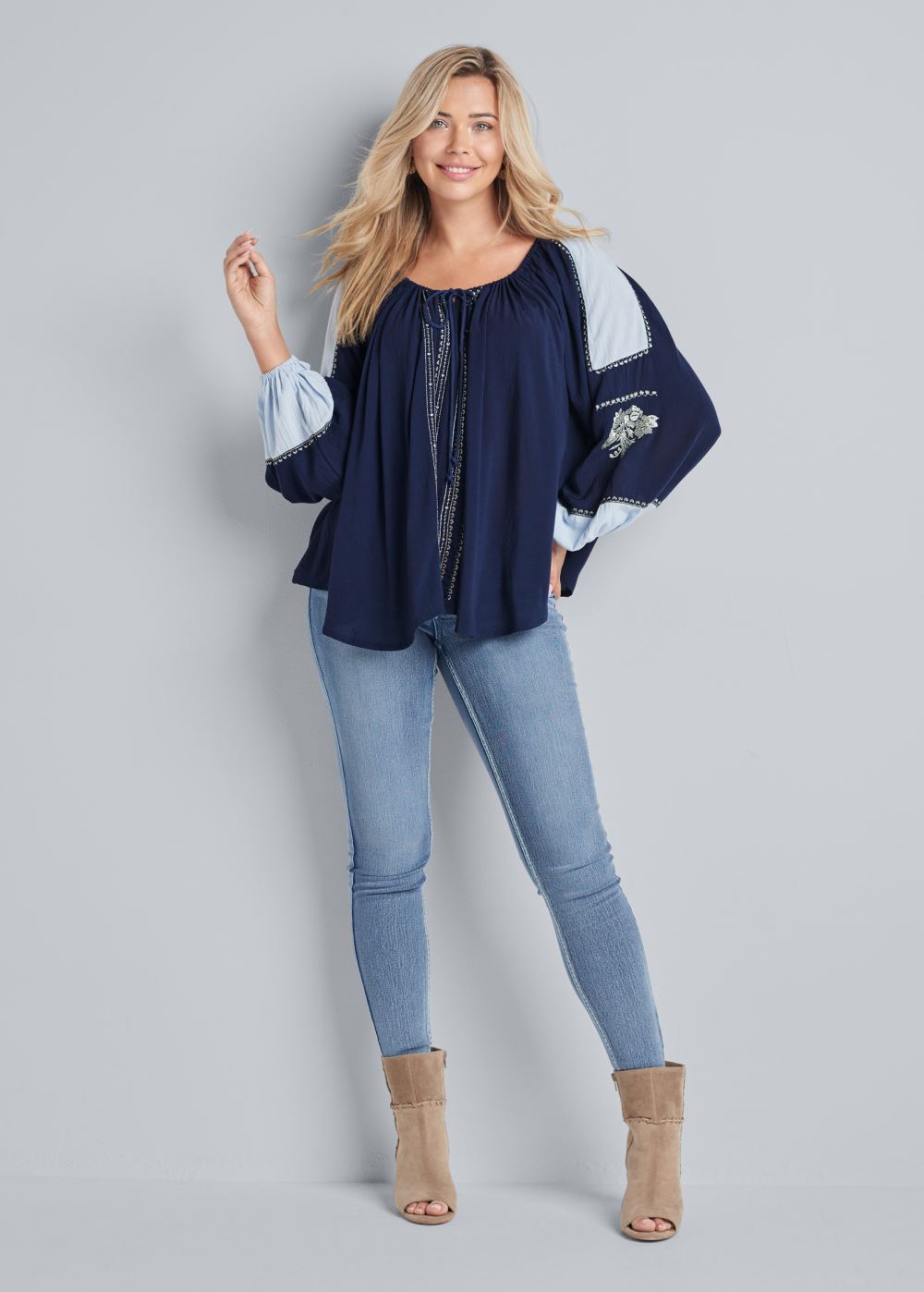 Venus Embroidered Peasant Top in Navy Multi