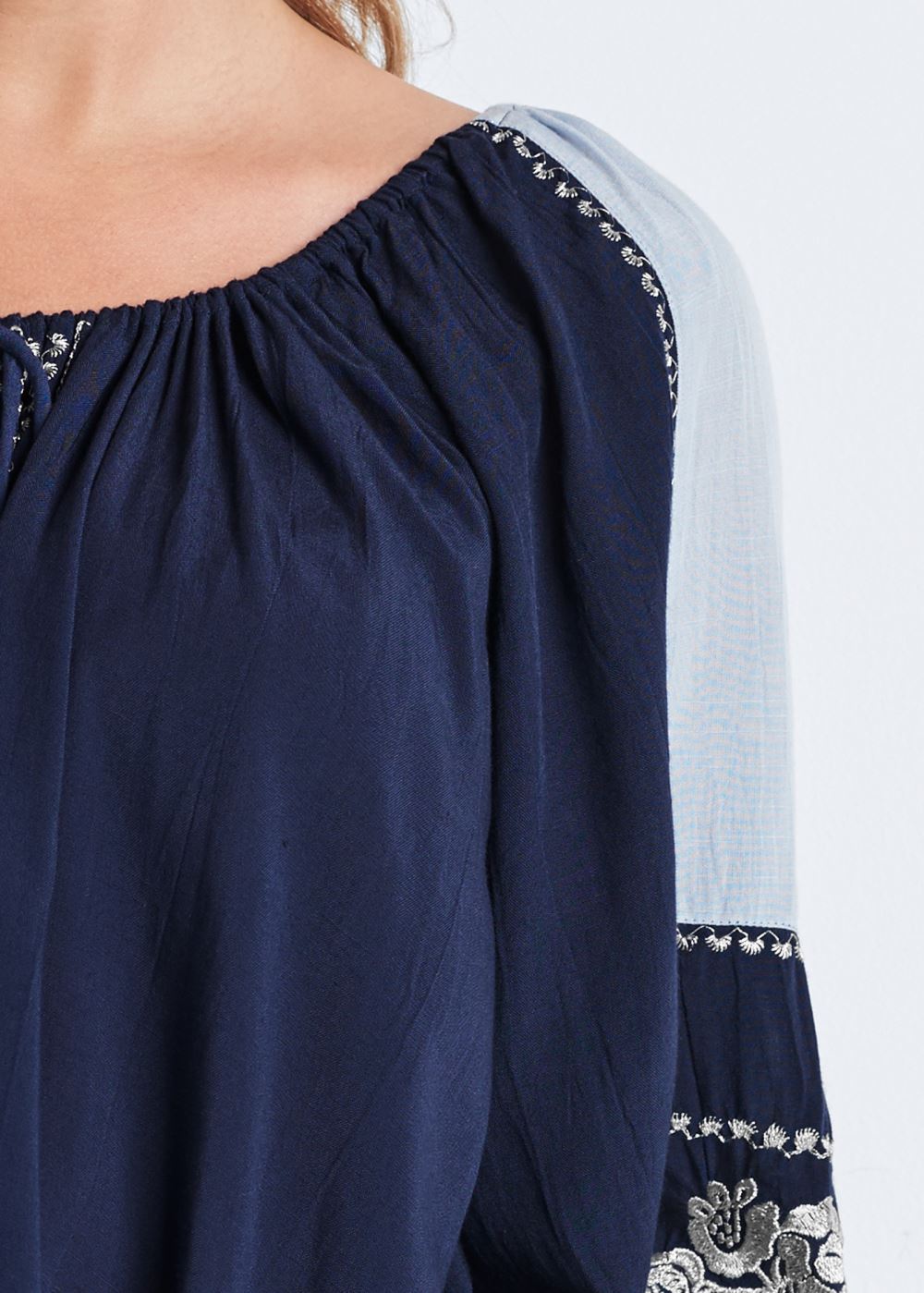 Venus Embroidered Peasant Top in Navy Multi