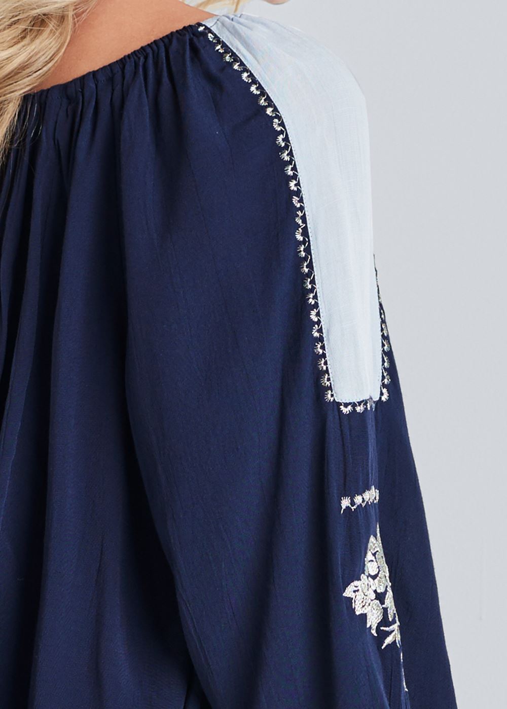 Venus Embroidered Peasant Top in Navy Multi