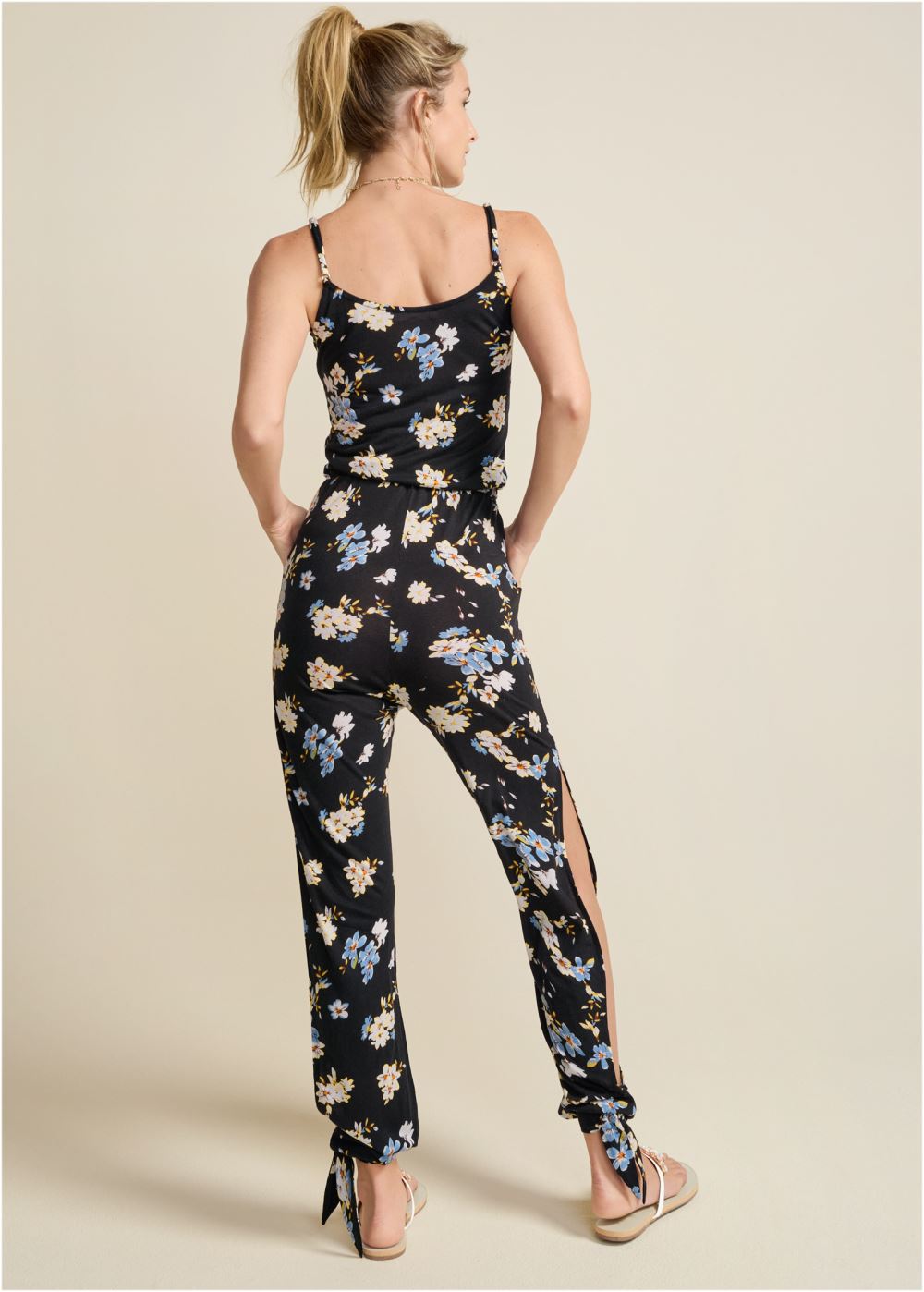 Venus Slit Detail Jumpsuit in Black & Blue
