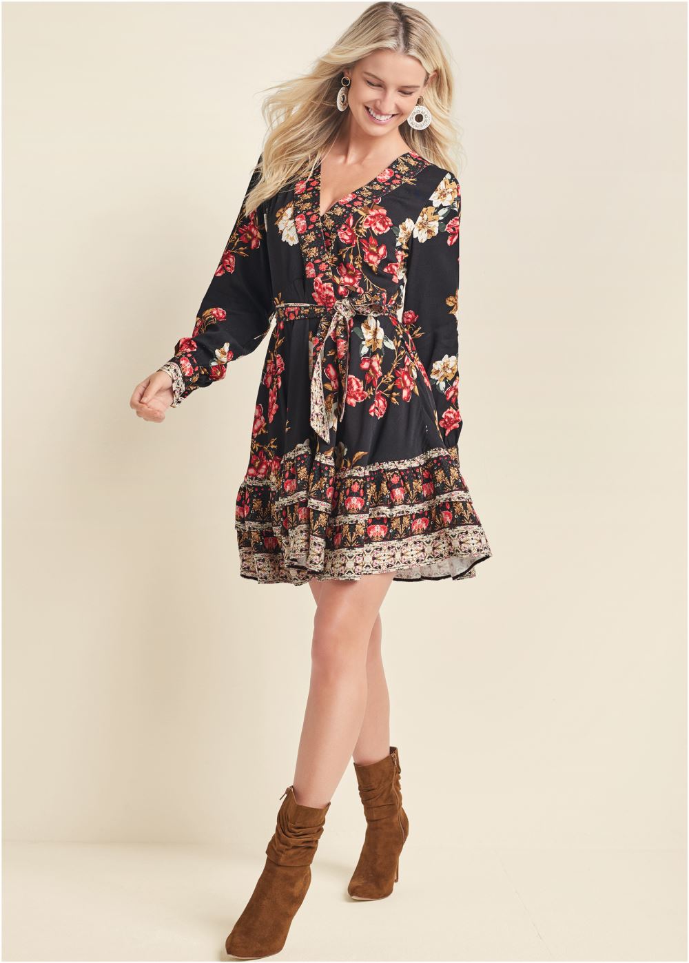 Venus Floral Print Mini Dress - Black Multi