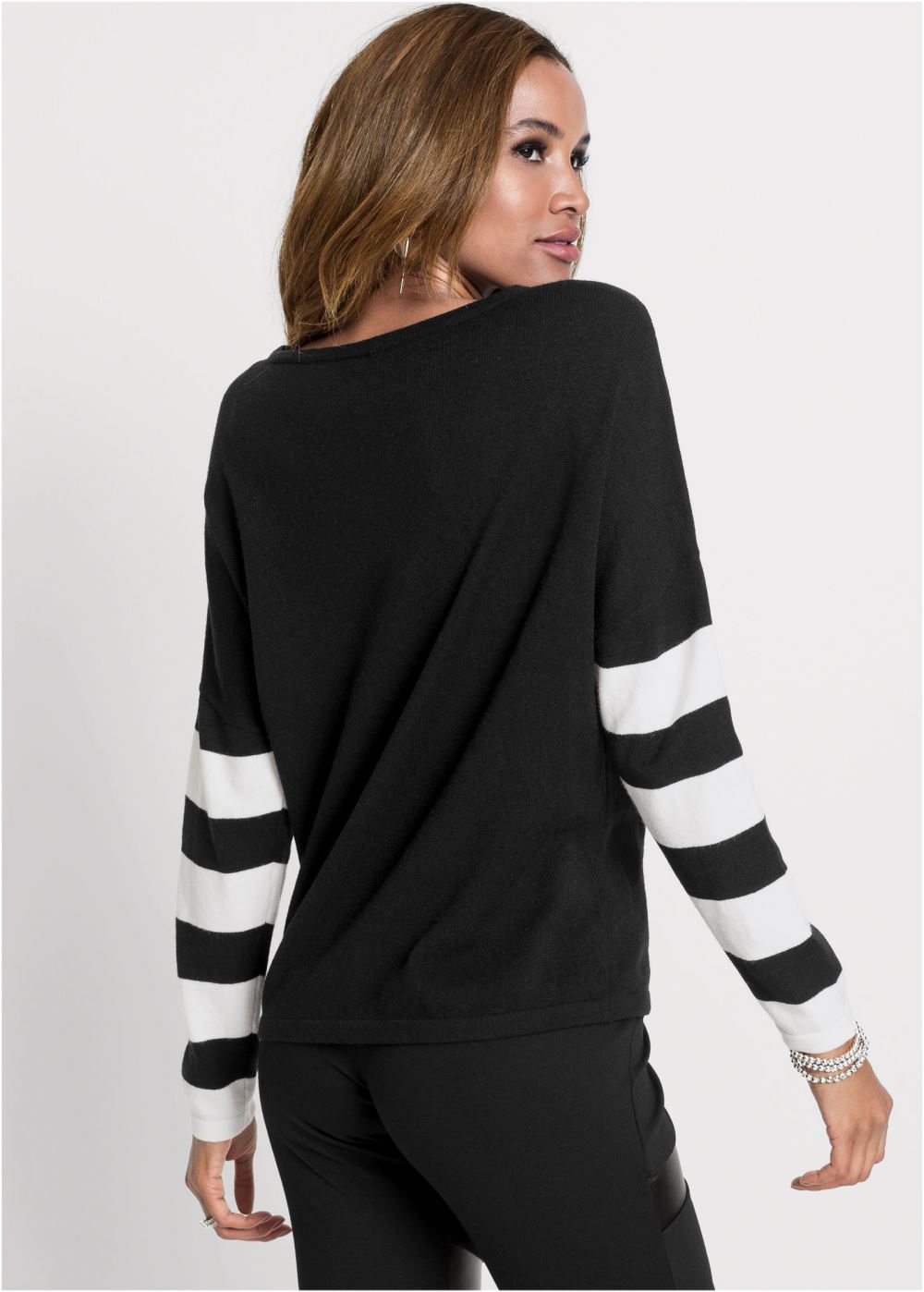 Venus VENUS | Stripe Sleeve Sweater in Black & White
