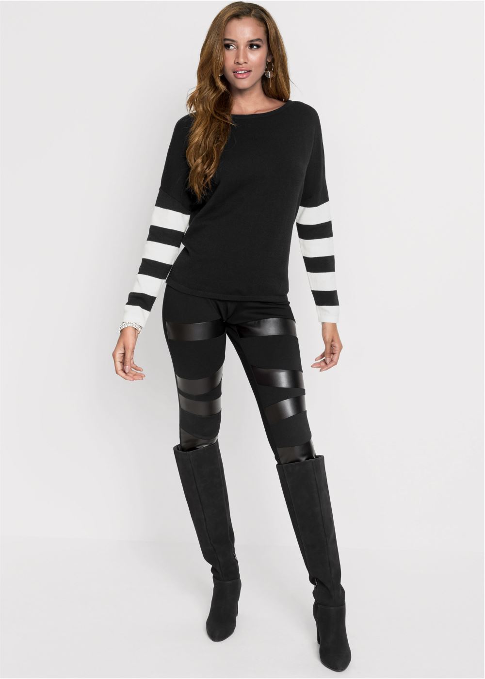 Venus VENUS | Stripe Sleeve Sweater in Black & White