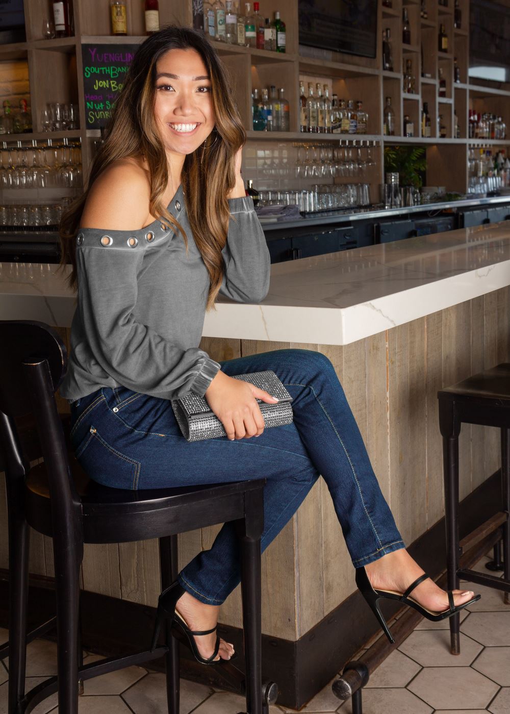 Venus One-Shoulder Grommet Top in Grey