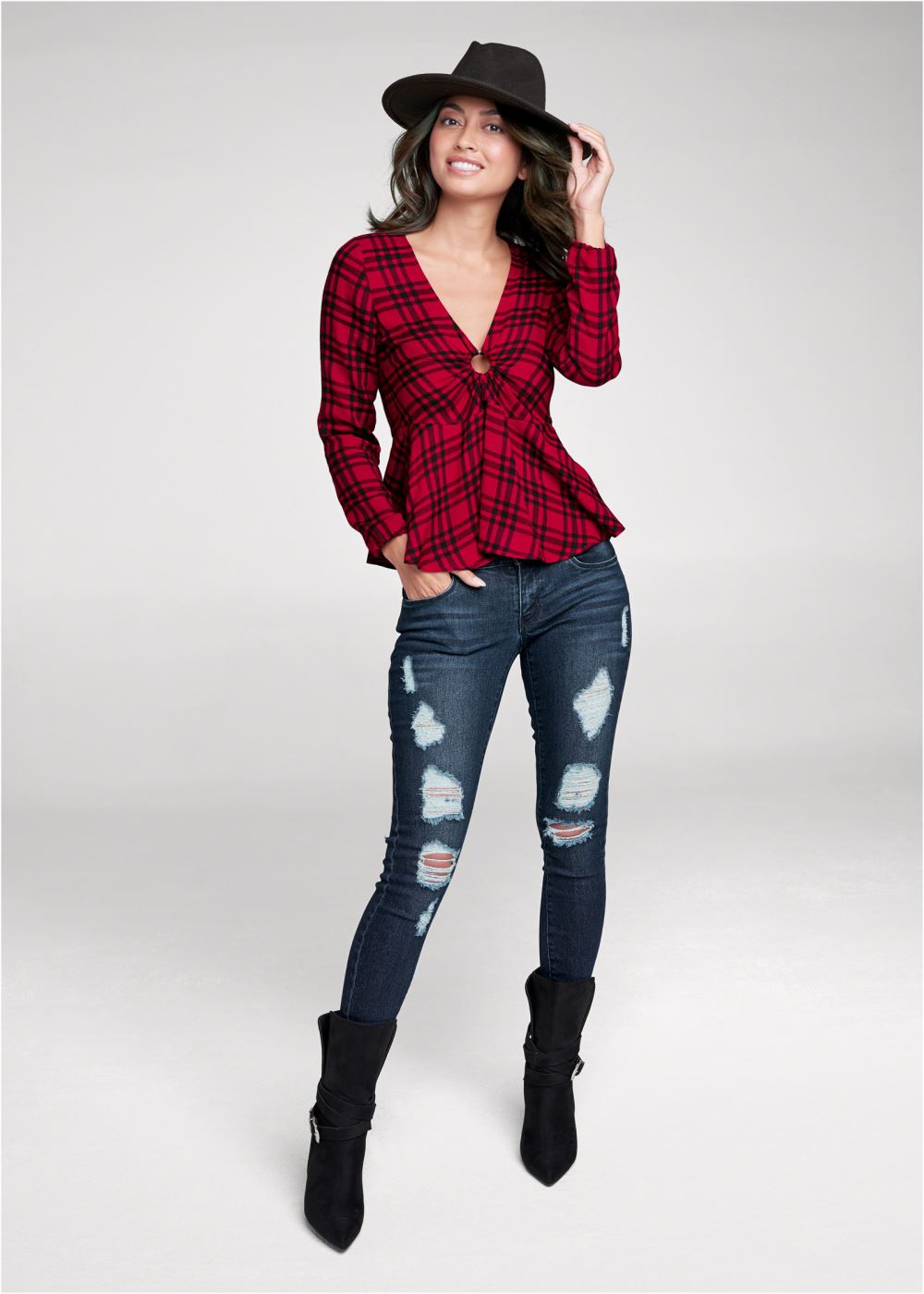 Venus Plaid Ring Detail Top in Red Multi