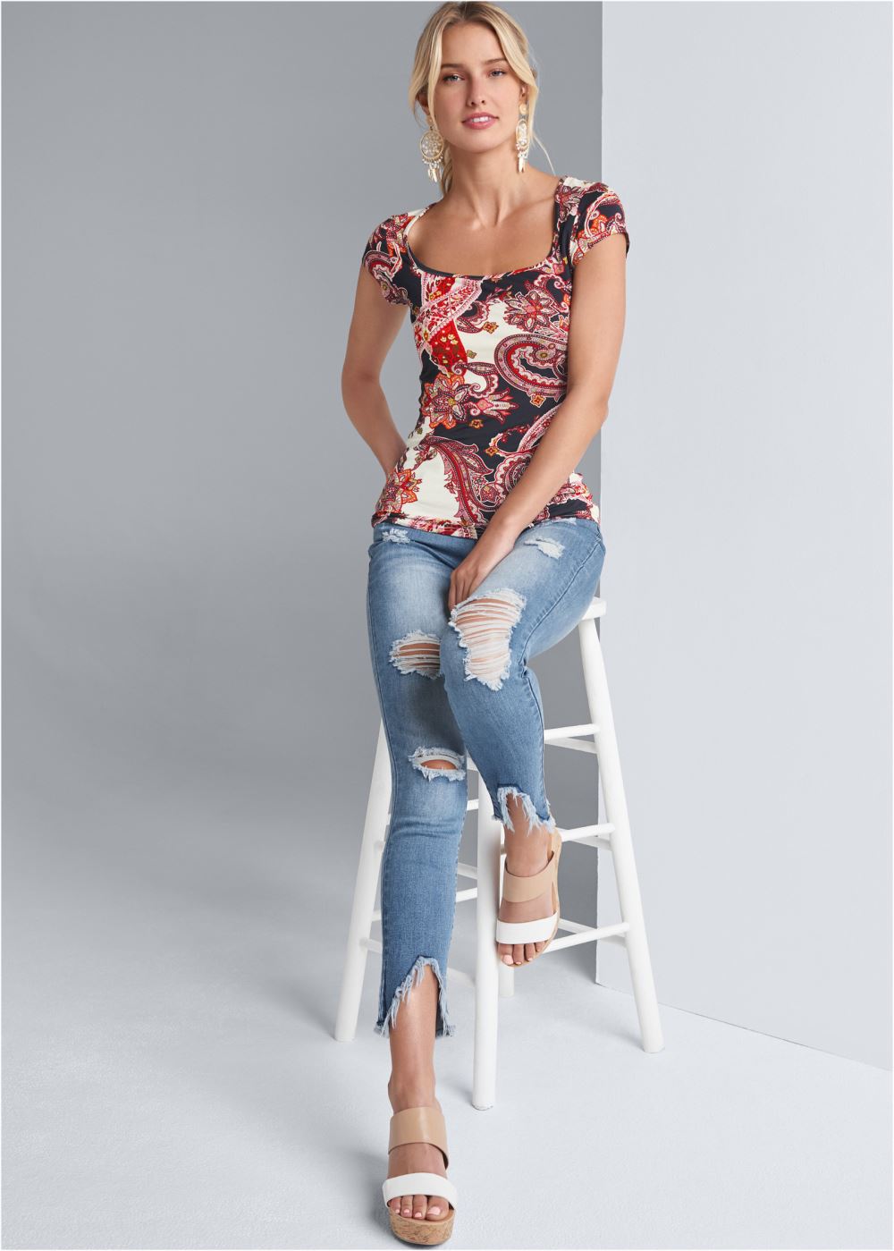 Venus Printed Square Neck Top in Brown Multi