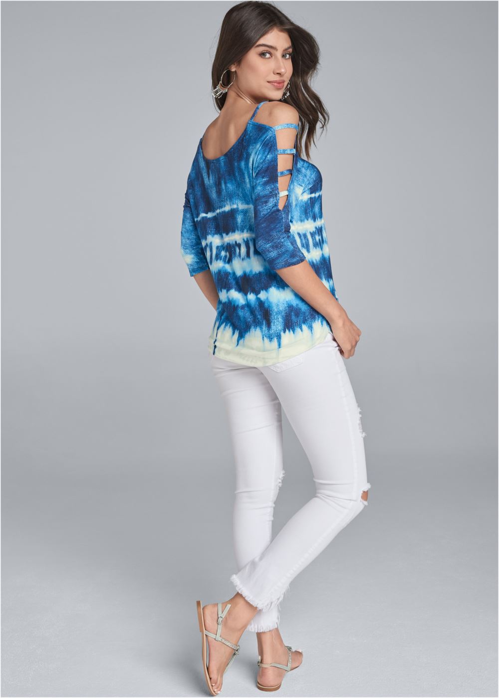 Venus Printed Sleeve Detail Top in Blue Multi