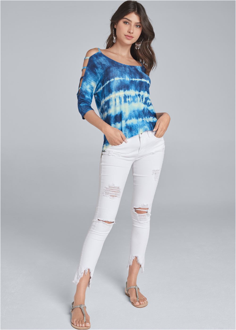 Venus Printed Sleeve Detail Top in Blue Multi