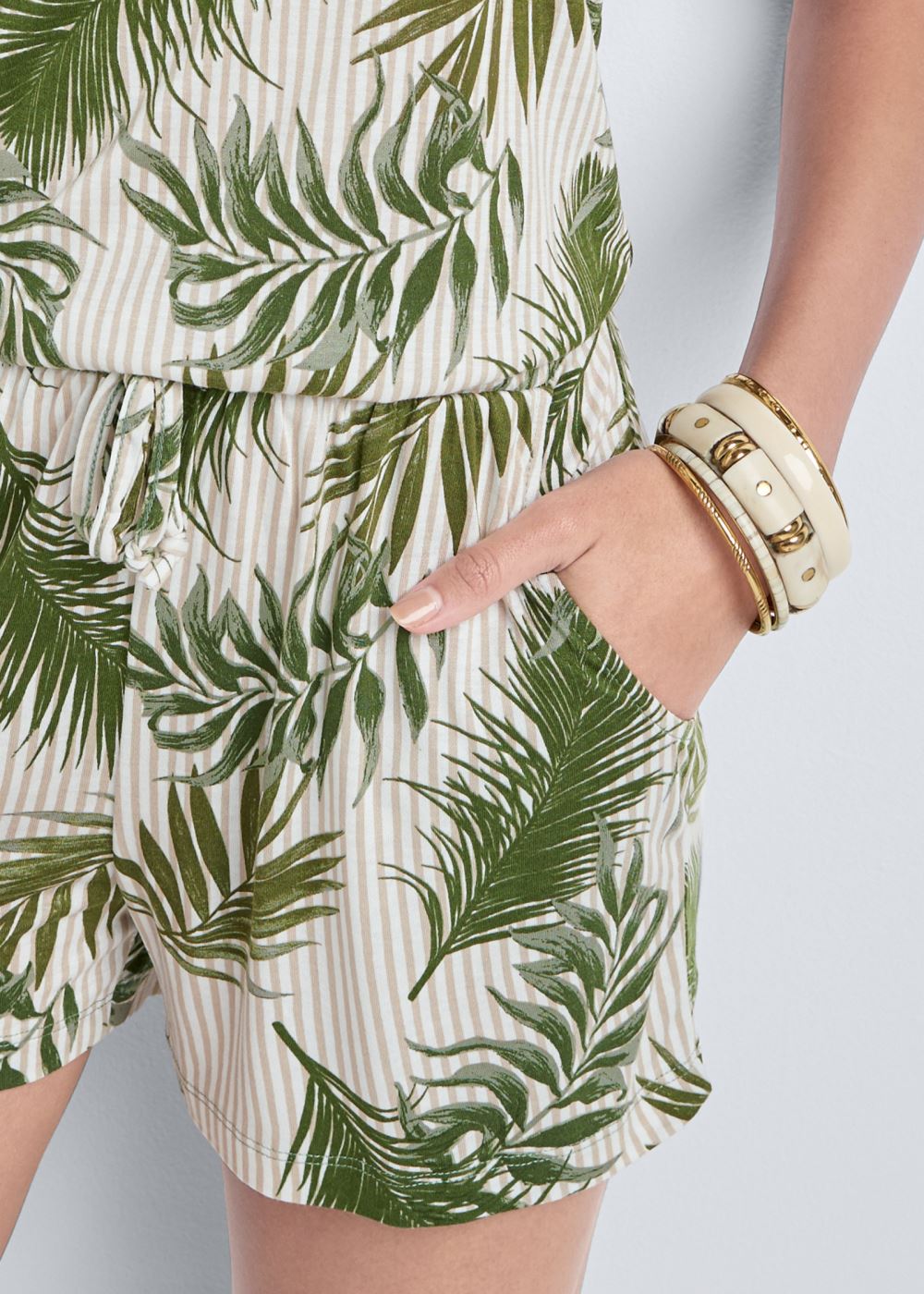 Venus Palm Printed Romper in White Multi