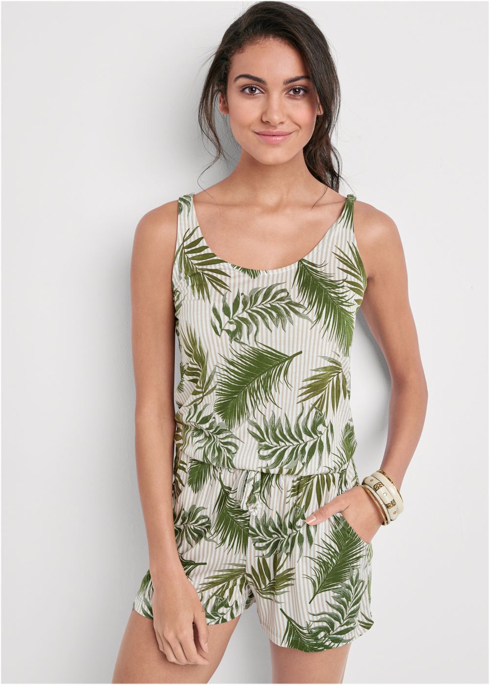 Venus Palm Printed Romper in White Multi