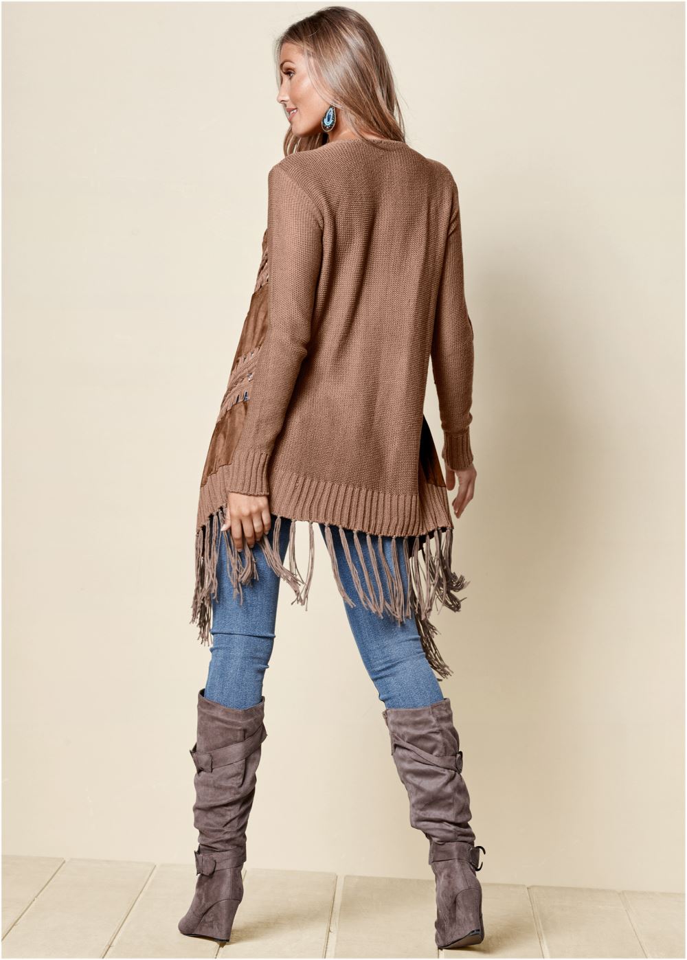 Venus VENUS | Faux-Suede Fringe Cardigan in Raw Umber