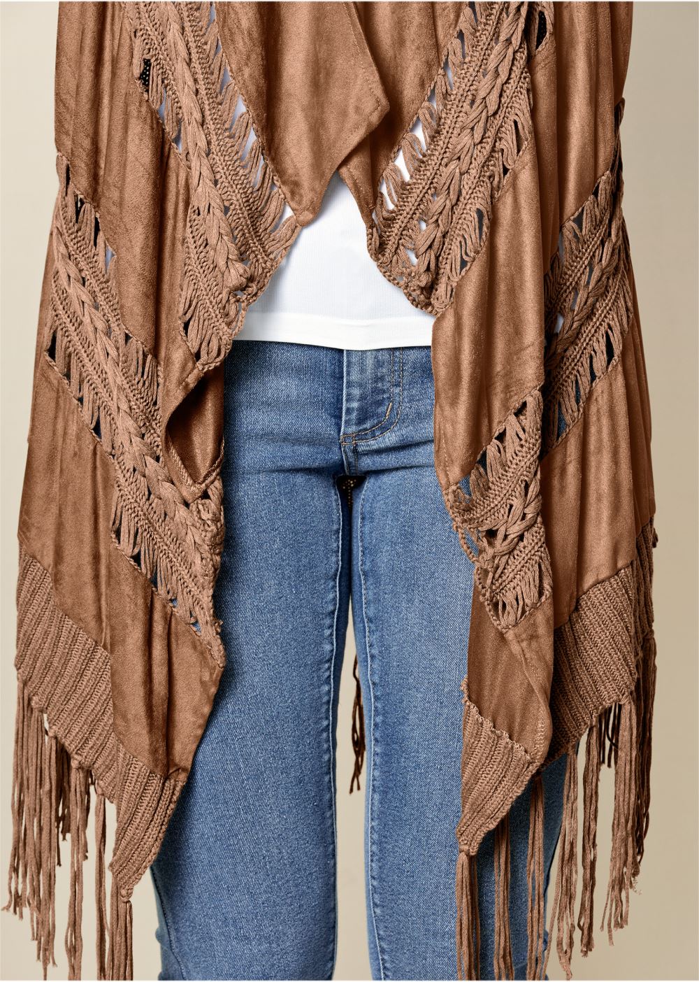 Venus VENUS | Faux-Suede Fringe Cardigan in Raw Umber
