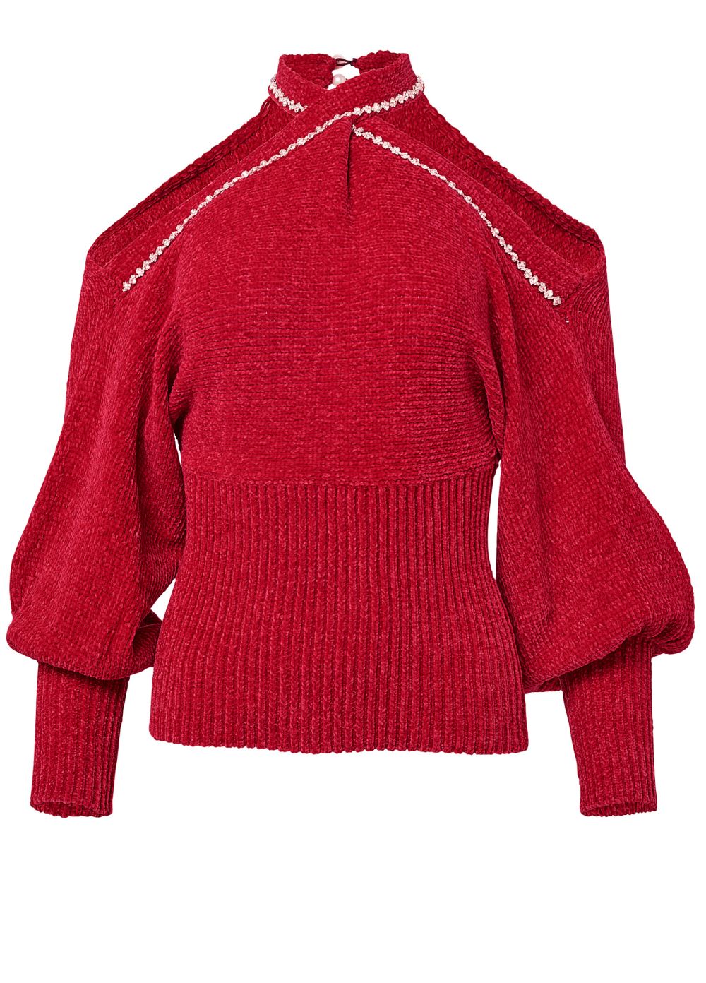 Venus VENUS | Crisscross Front Cold Shoulder Sweater in Red