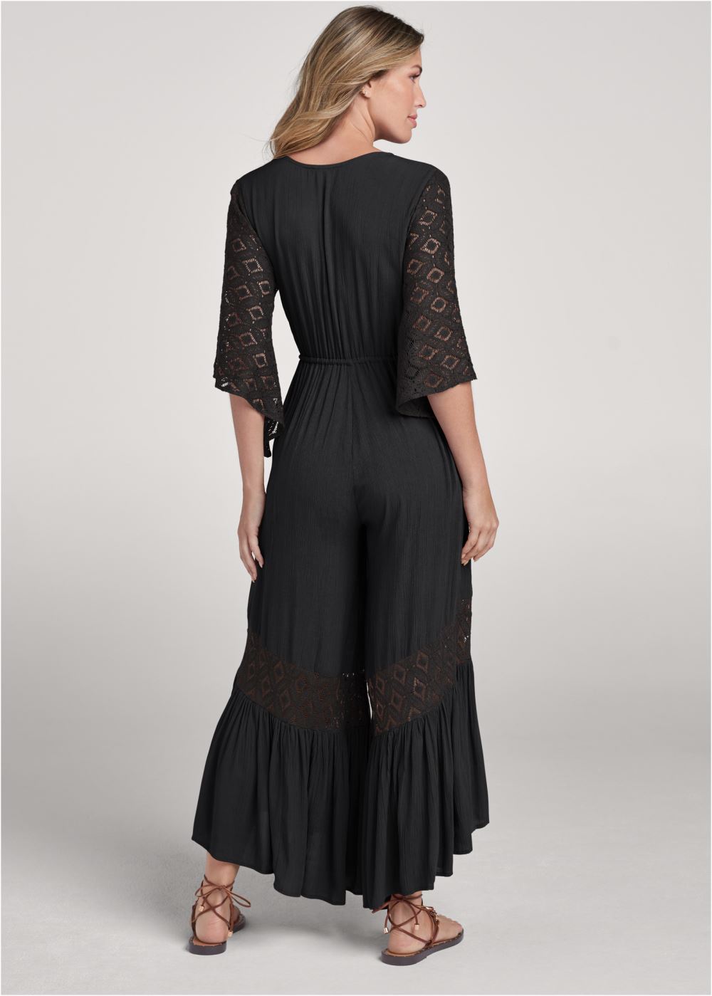 Venus Wide Leg Lace Trim Jumpsuit in Black