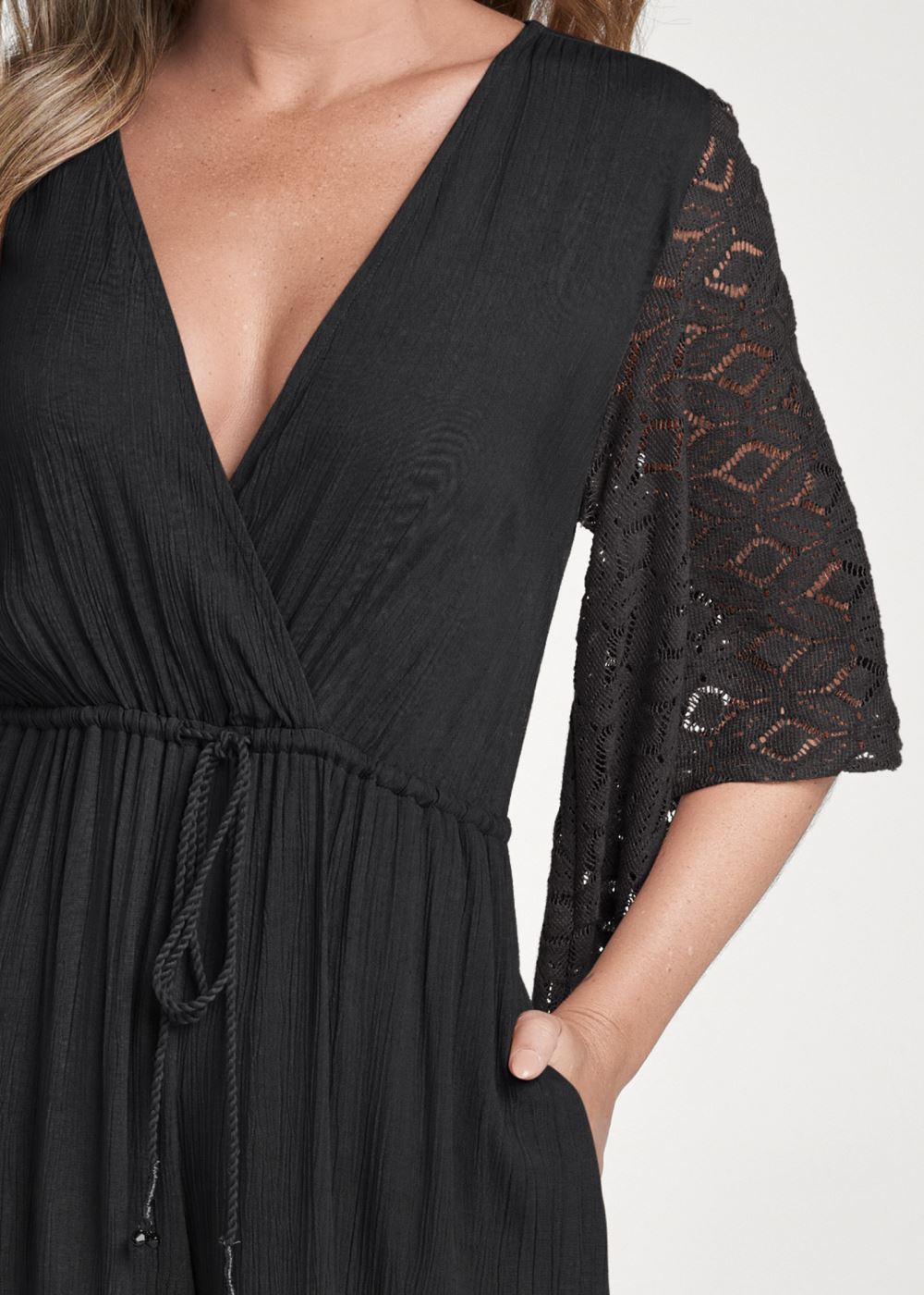 Venus Wide Leg Lace Trim Jumpsuit in Black