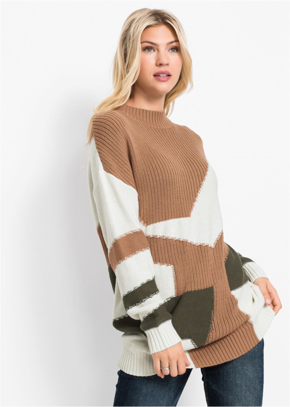 Venus VENUS | Patchwork Mock-Neck Sweater in Tan Multi
