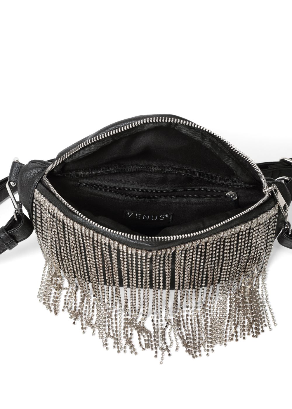 Venus Rhinestone Fringe Fanny Pack in Black