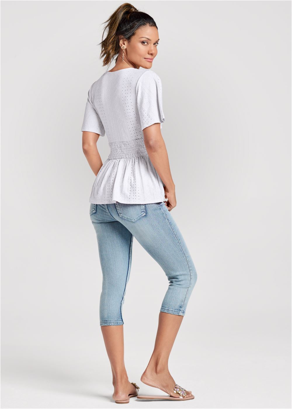 Venus Stretch Eyelet Peplum Top in White