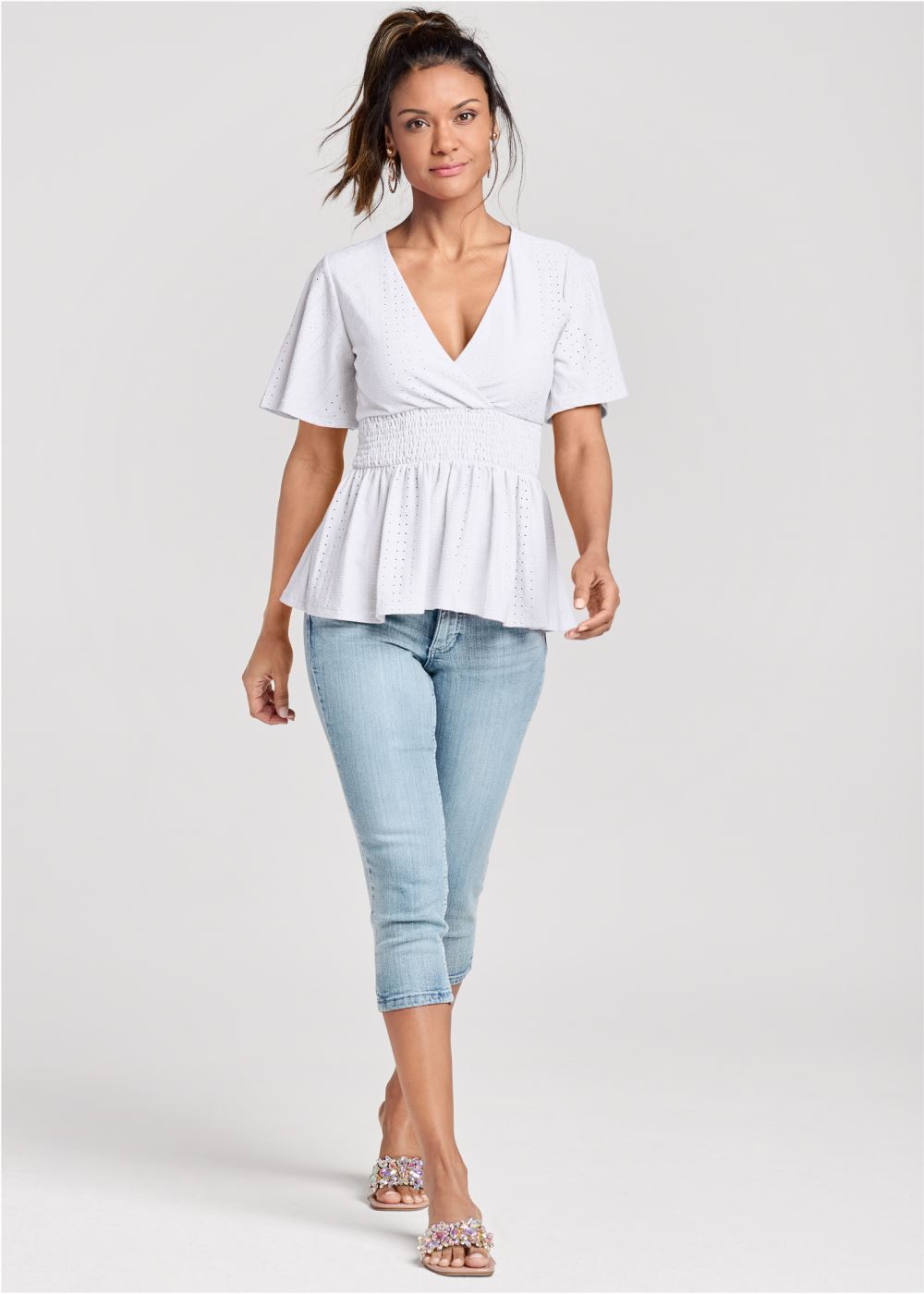 Venus Stretch Eyelet Peplum Top in White