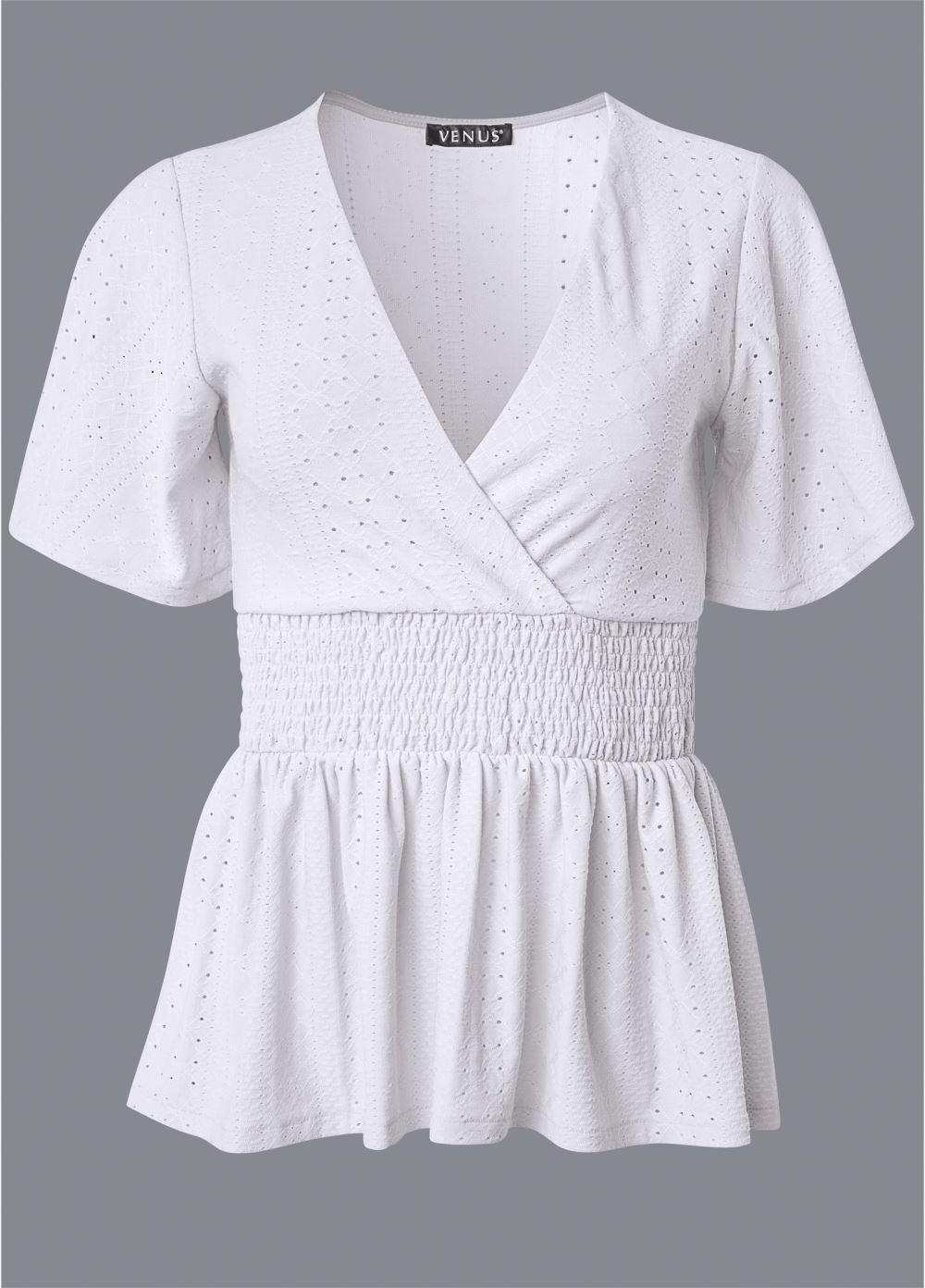 Venus Stretch Eyelet Peplum Top in White