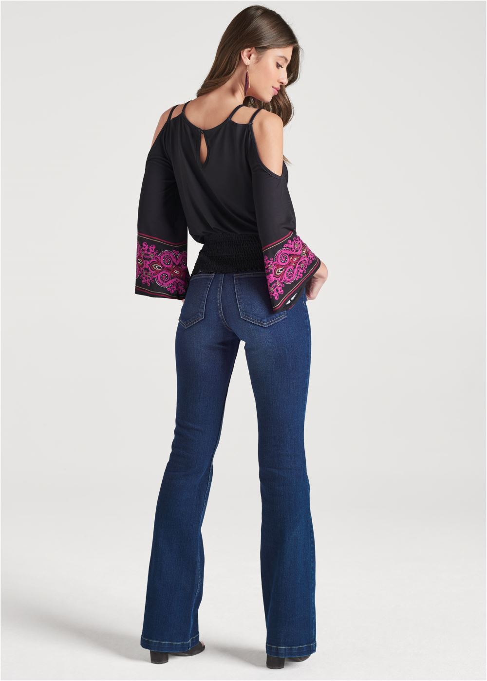 Venus Moroccan Paisley Smocked Top in Black & Fuchsia