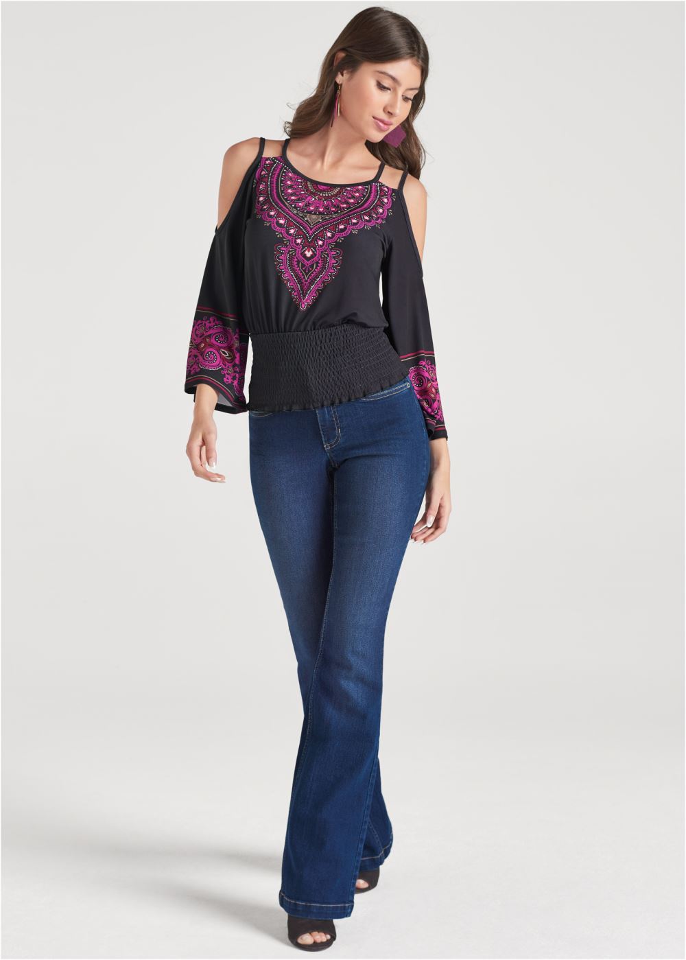 Venus Moroccan Paisley Smocked Top in Black & Fuchsia
