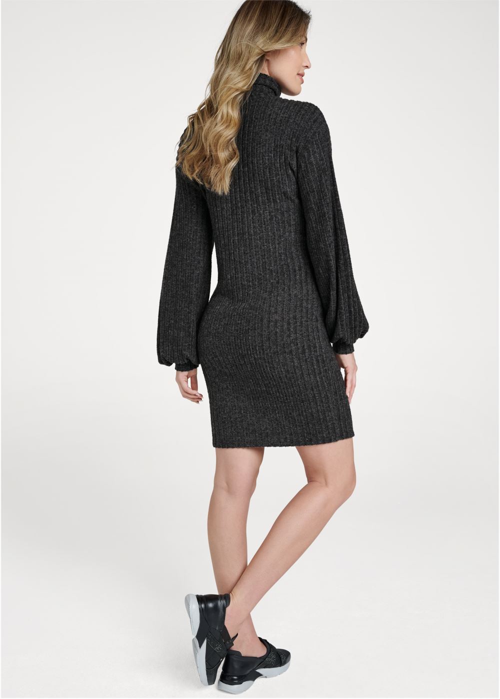 Venus Ribbed Hacci Button Dress in Black