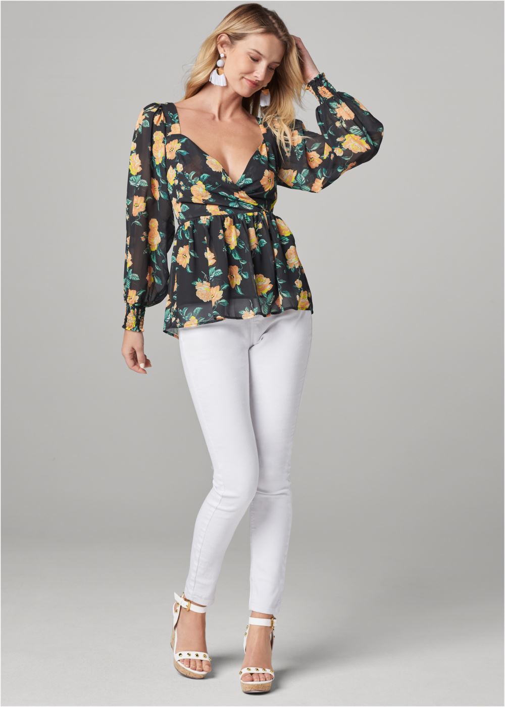 Venus Blooming Roses Lace-Up Blouse in Black Multi