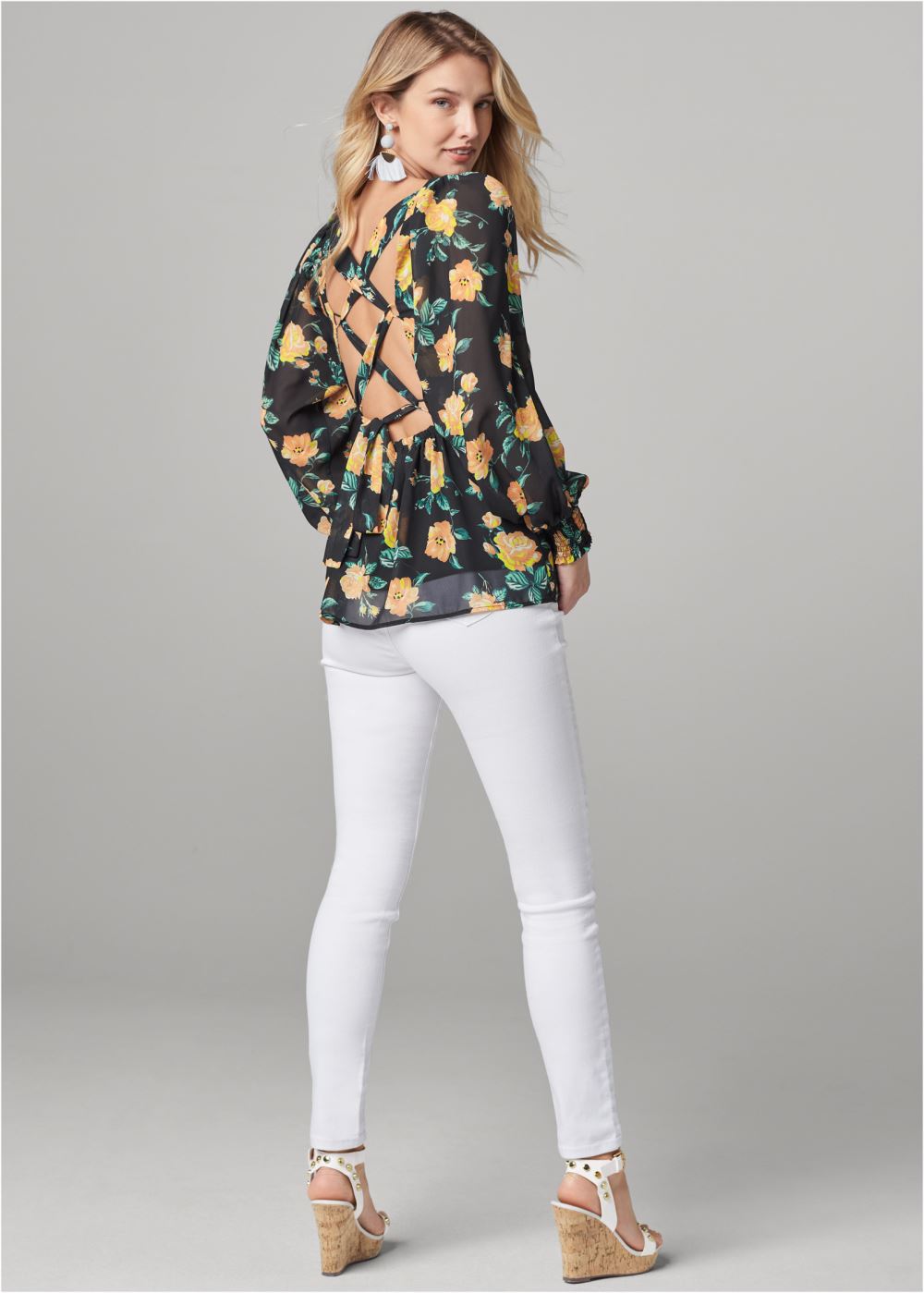 Venus Blooming Roses Lace-Up Blouse in Black Multi