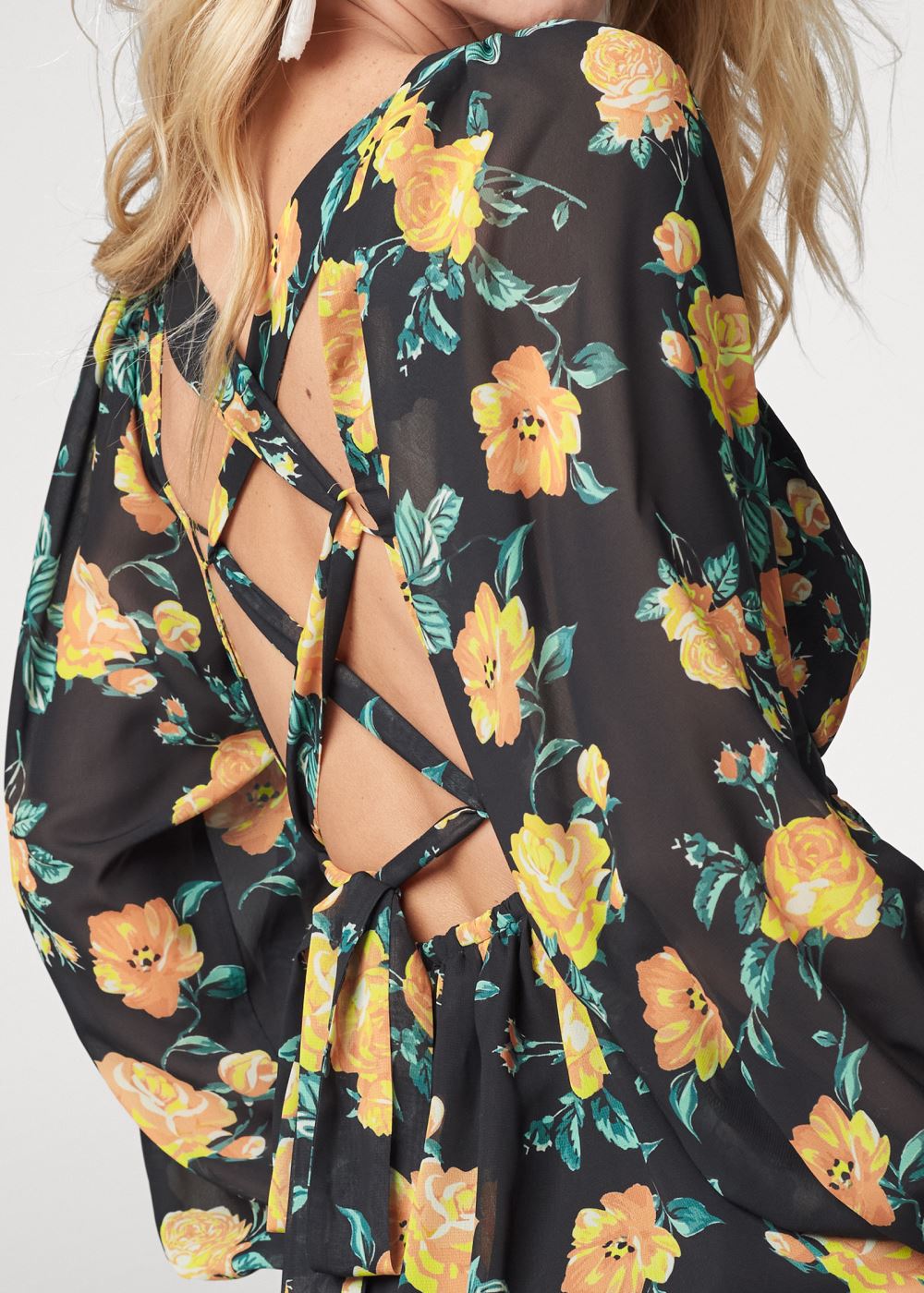 Venus Blooming Roses Lace-Up Blouse in Black Multi