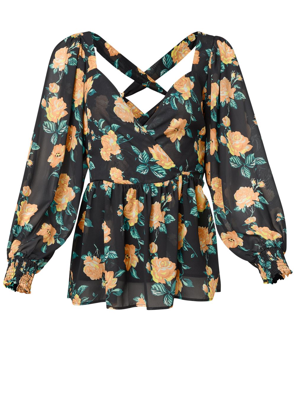 Venus Blooming Roses Lace-Up Blouse in Black Multi